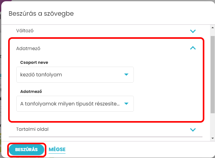 Listamester - Kézikönyv - Levelek - Levél szerkesztése - adatmező beszúrása