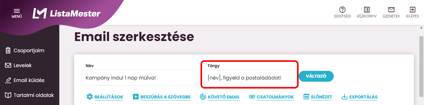 Listamester - Kézikönyv - Levelek - Levél szerkesztése - tárgyrész adatmező