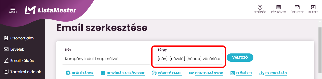 Listamester - Kézikönyv - Levelek - Levél szerkesztése - tárgysor adatmezőkkel