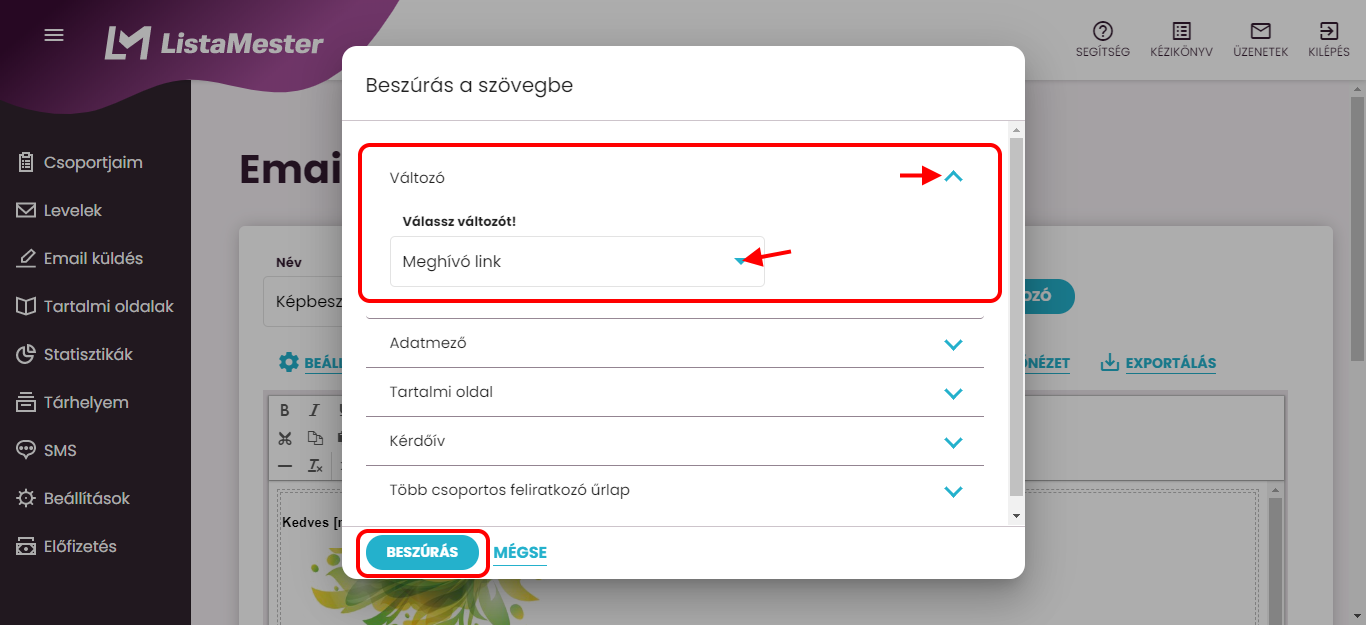 Listamester - Kézikönyv -Levelek- meghívó link beszúrása 