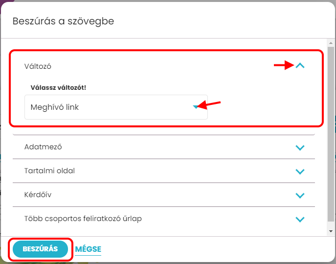 Listamester - Kézikönyv -Levelek- meghívó link beszúrása 
