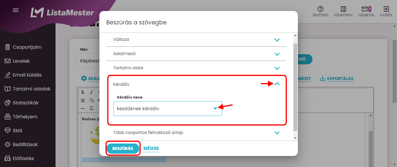 Listamester - Kézikönyv -Levelek- kérdőív link beszúrása 