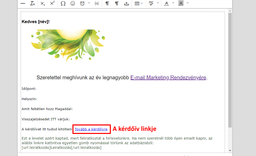 Listamester - Kézikönyv -Levelek- kérdőív link beszúrása 