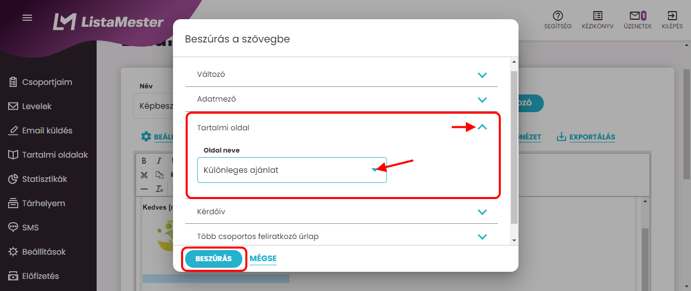 Listamester - Kézikönyv -Levelek- tartalmi oldal link beszúrása 