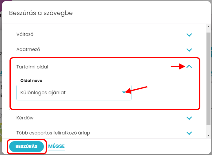 Listamester - Kézikönyv -Levelek- tartalmi oldal link beszúrása 