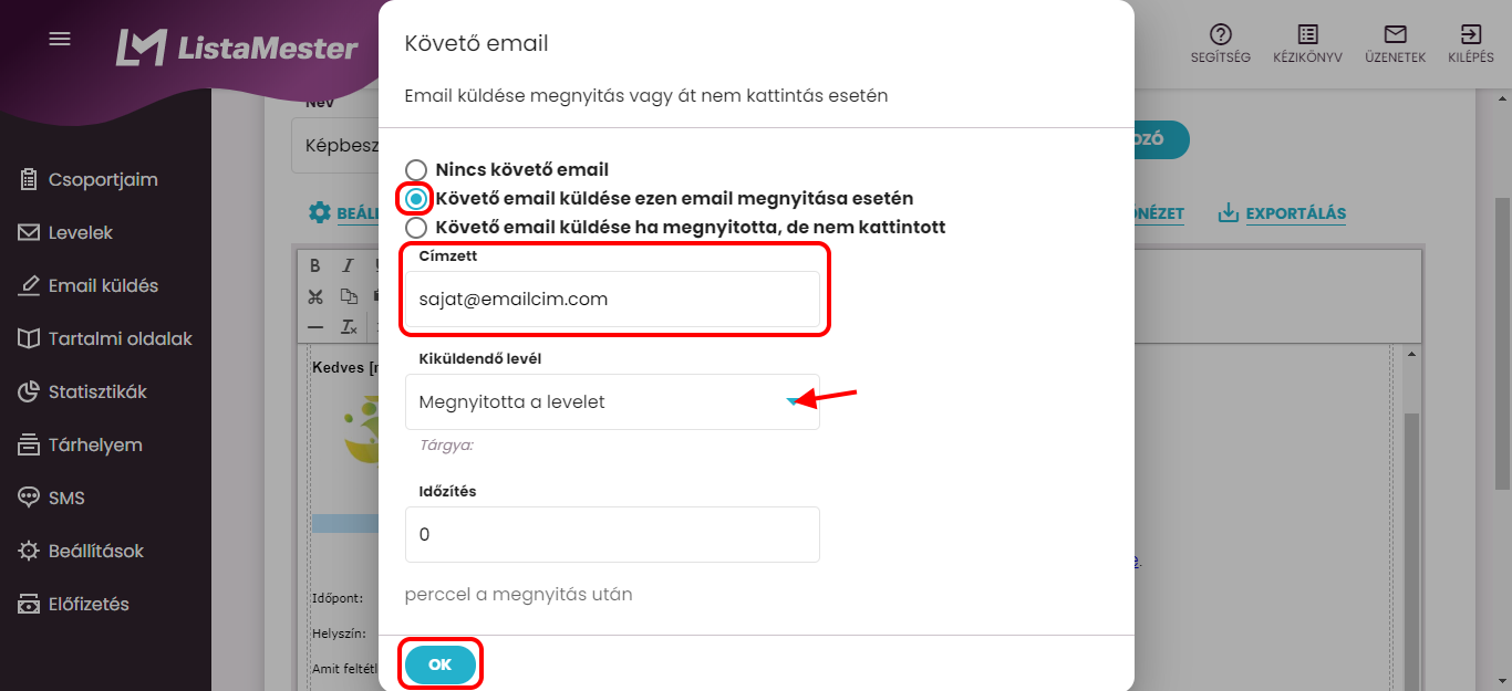 Listamester - Kézikönyv - levelek - követő email beállítása