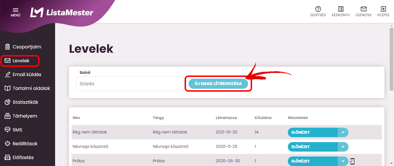 Listamester - Kézikönyv - Levelek - Új levél létrehozása