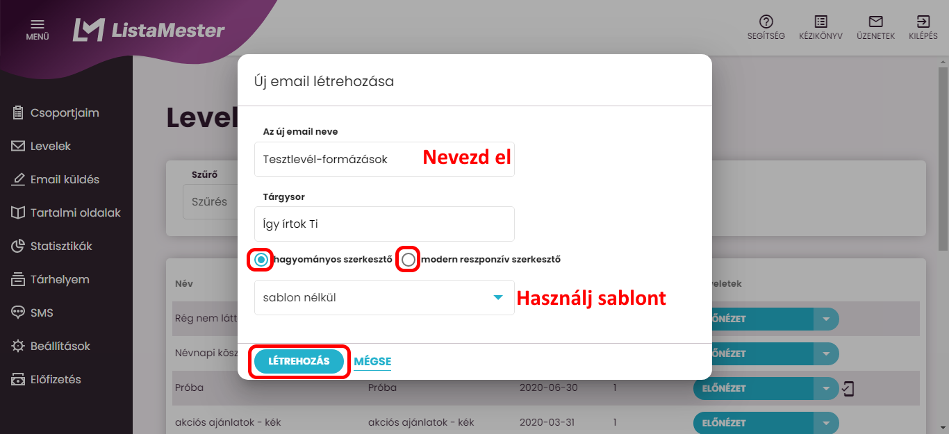 Listamester - Kézikönyv - Levelek- Levél létehozása