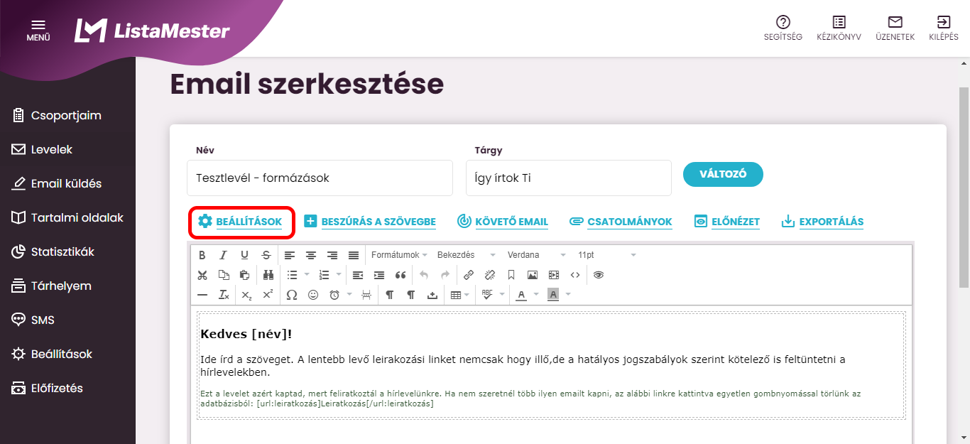 Listamester - Kézikönyv - Levelek- Levél beállításai