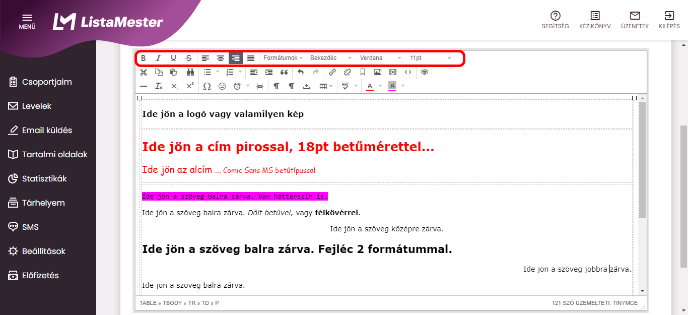 Listamester - Kézikönyv - Levelek- Levél szerkesztése - Felső panel