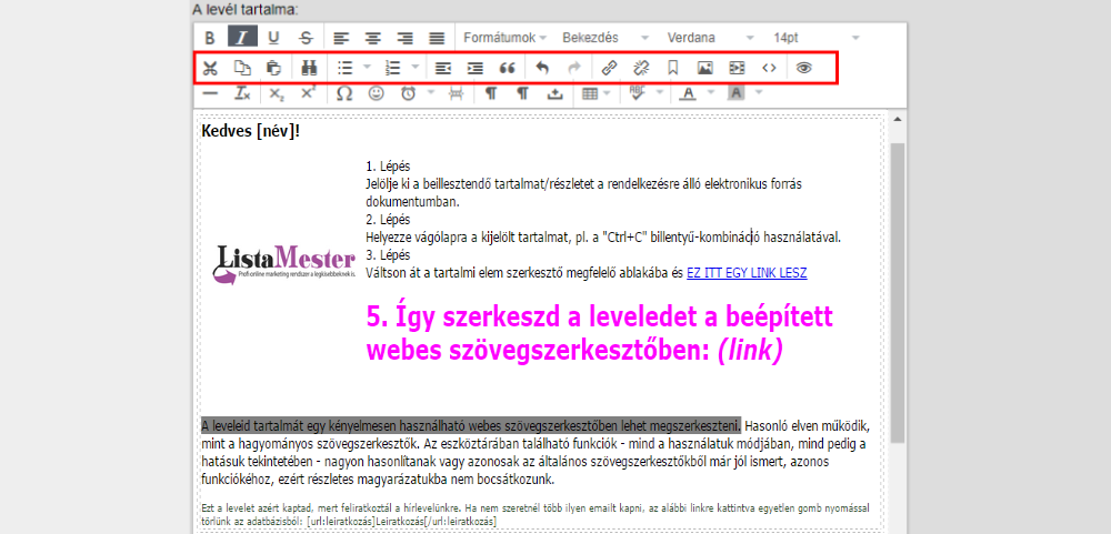 Listamester - Kézikönyv - Levelek- Levél szerkesztése - felső panel - 2. rész