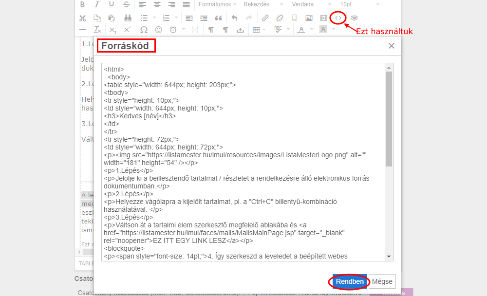 ​​​​Listamester - Kézikönyv - Levelek- Levél szerkesztése. forráskód funkciógomb