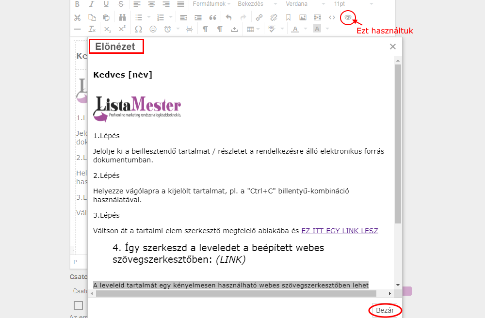 Listamester - Kézikönyv - Levelek- Levél szerkesztése - előnézet funkció