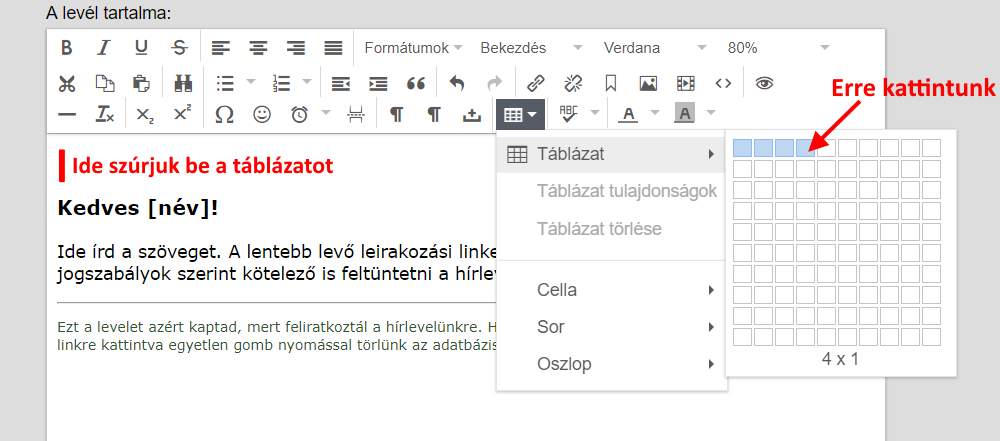 Listamester - Kézikönyv - Levelek- Levél szerkesztése - táblázat létrehozása