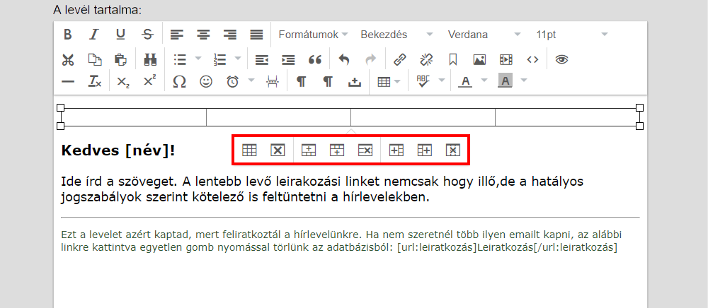 Listamester - Kézikönyv - Levelek- Levél szerkesztése - táblázat előnézet