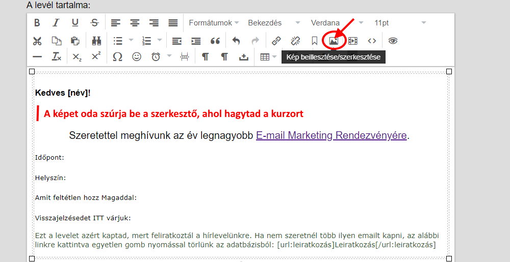 Listamester - Kézikönyv - Levelek - Levél szerkesztése -kép linkjének beillesztése