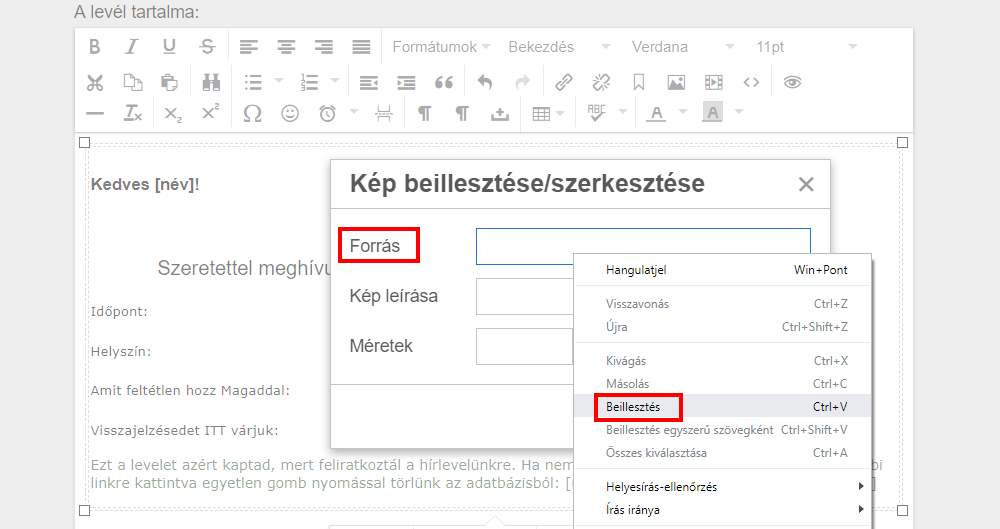 Listamester - Kézikönyv - Levelek - Levél szerkesztése - forrás beillesztése