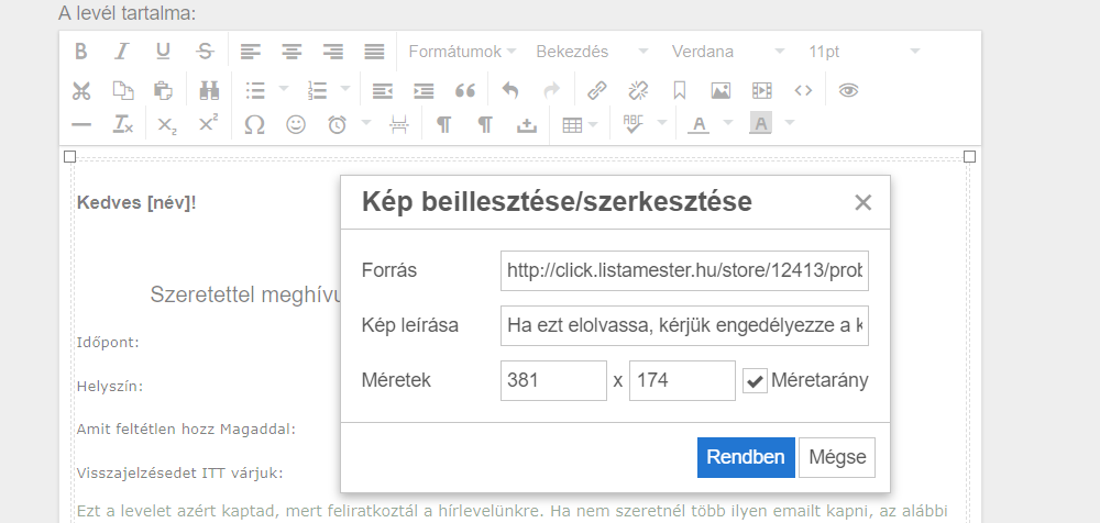 Listamester - Kézikönyv - Levelek - Levél szerkesztése - kép beillesztése, szerkesztőfelület