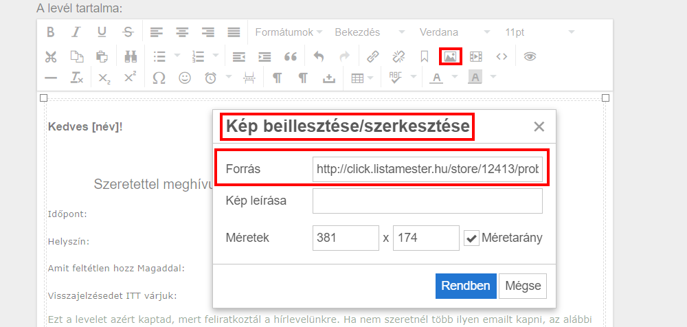 Így illessz képet a leveledbe a hagyományos szerkesztőben: | Listamester