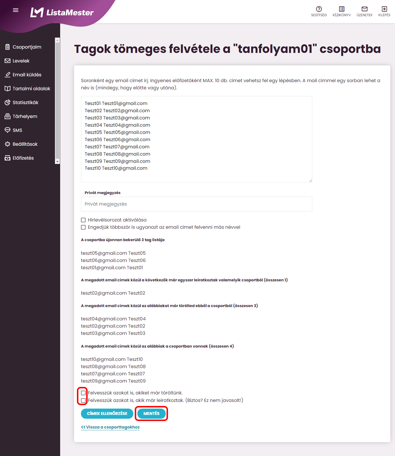 Listamester - Kézikönyv - csoporttagok- tagok felvétele