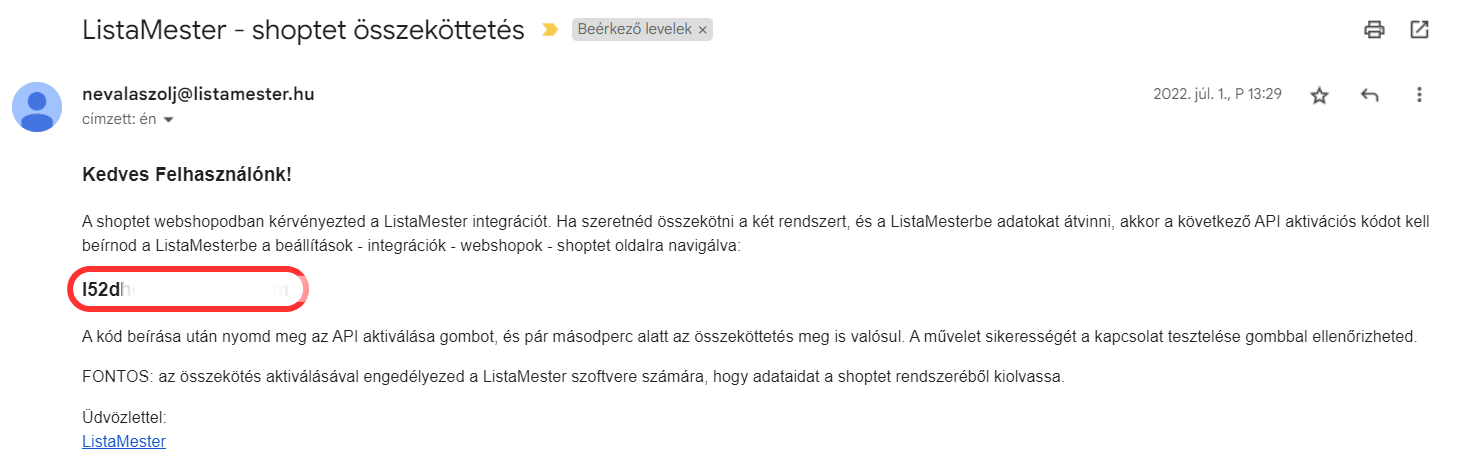 Listamester - Útmutatók - Integrációk - Shoptet - Api kód emailben 