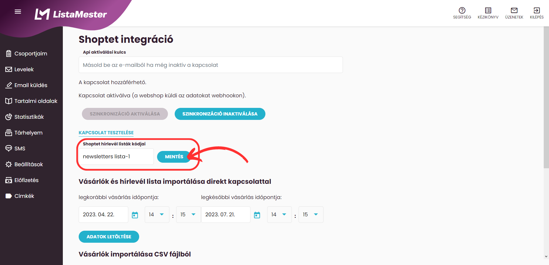 Listamester - Útmutatók - Integrációk - Shoptet - Terjesztési lista hozzáadása LM felületén