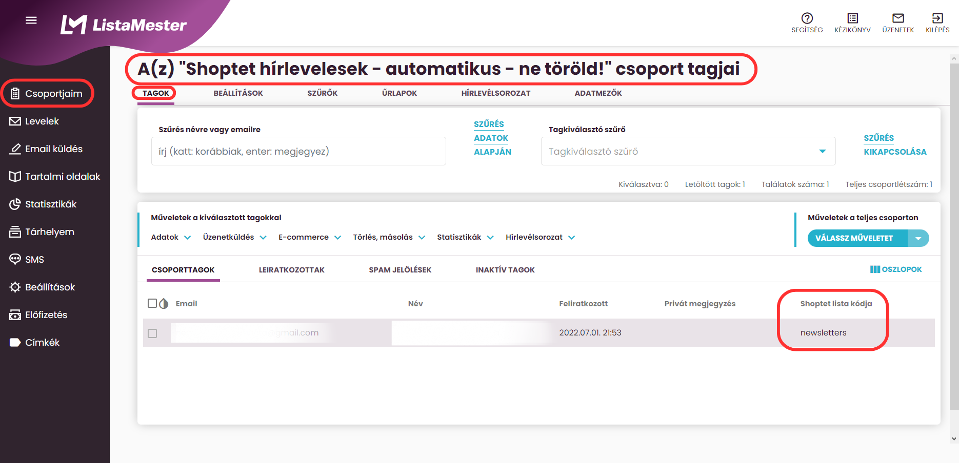 Listamester - Útmutatók - Integrációk - Shoptet - Shoptet hírlevelesek csoport