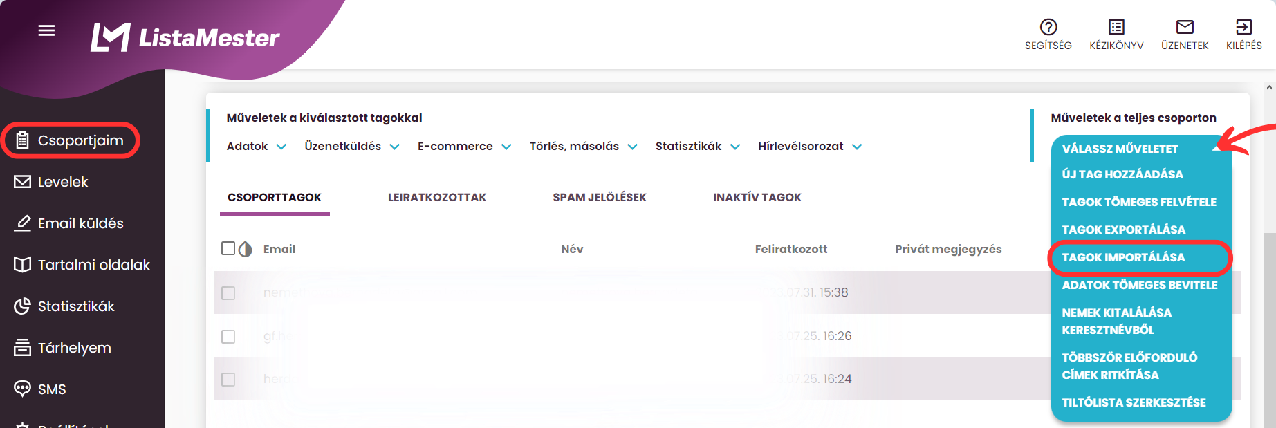 Listamester - Útmutatók - Csoporttagok - Importálás Mailchimpből - Csoportjaim - Tagok - Műveletek a teljes csoporton - Tagok importálása