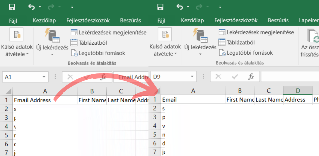 Listamester - Útmutatók - Csoporttagok - Importálás Mailchimpből - Excel - Oszlop átnevezése