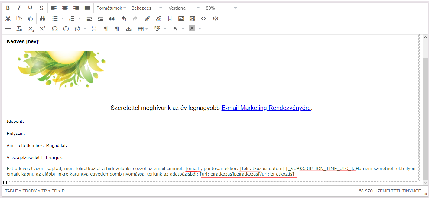 Listamester - Kézikönyv - Levelek - Levél szerkesztése - adatmódosító link a levél törzsszövegében