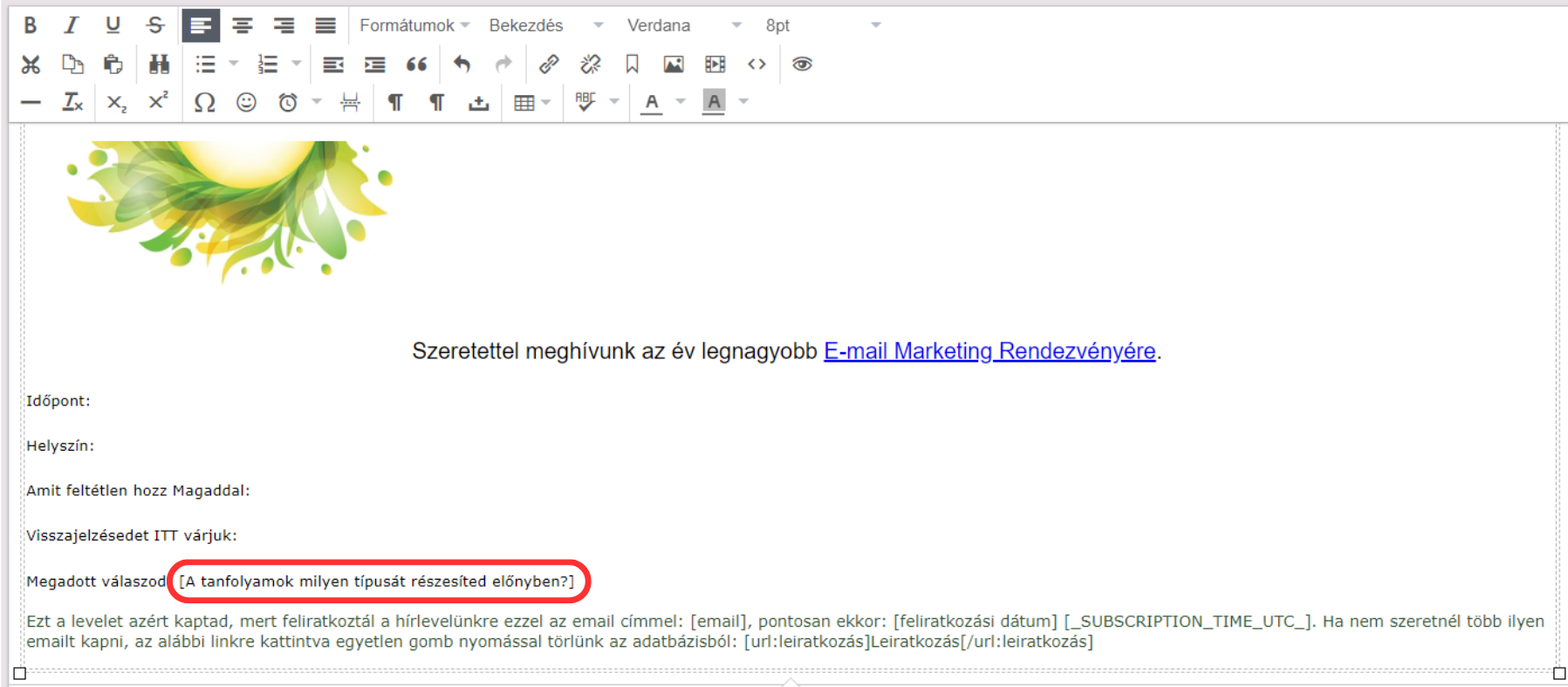 Listamester - Kézikönyv - Levelek - Levél szerkesztése - email törzsszövegében adatmező