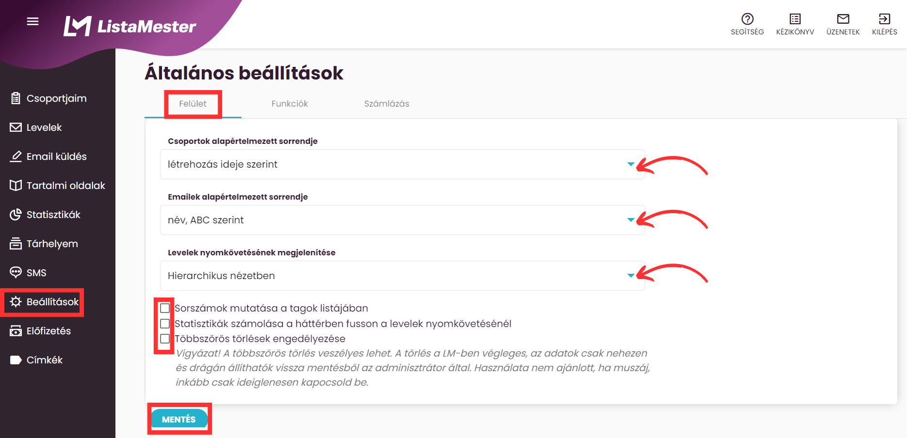 Listamester - Útmutatók - Beállítások - Felület fül beállításai