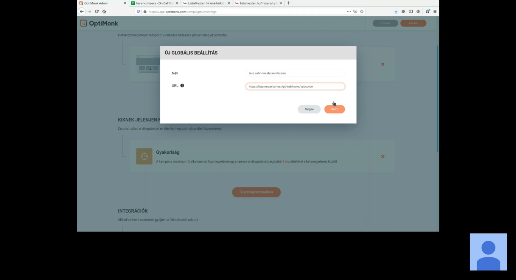 Optimonk - Listamester összekapcsolás - Webhook 2. - Név és URL megadás