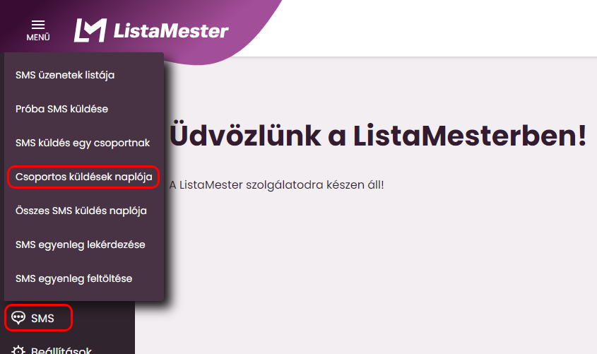 Listamester - Kézikönyv - Csoportos SMS küldések naplója