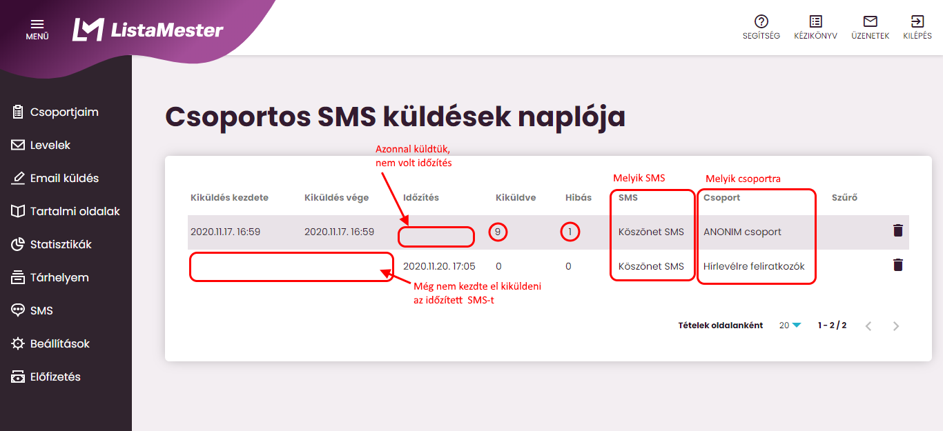 Listamester - Kézikönyv - Csoportos SMS kiküldések naplója 2.