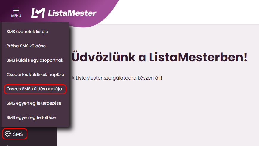 Listamester - Kézikönyv - Összes SMS küldés naplója