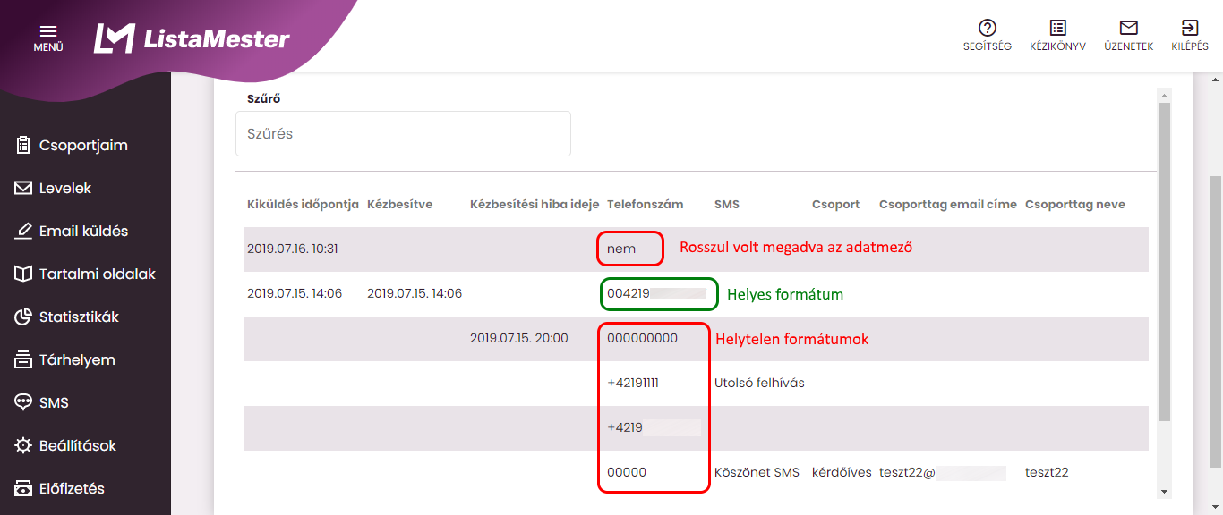 Listamester - Kézikönyv - SMS- helyes és helytelen formátumok