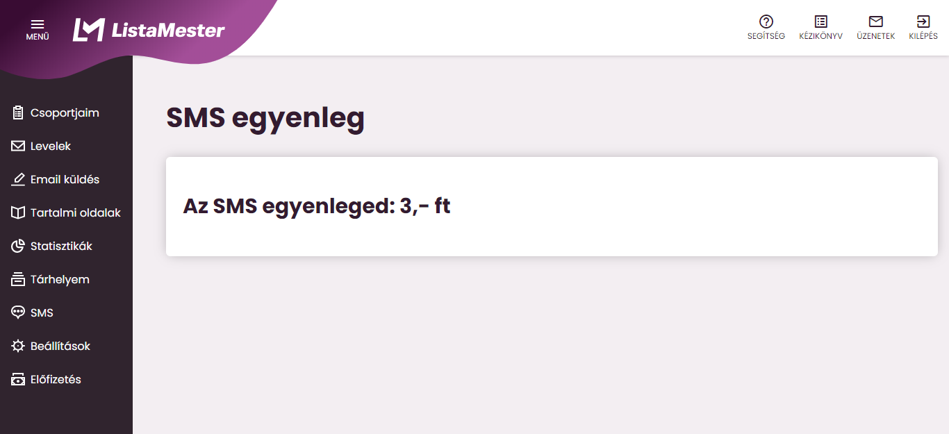 Listamester - Kézikönyv - SMS egyenleg lekérdezése