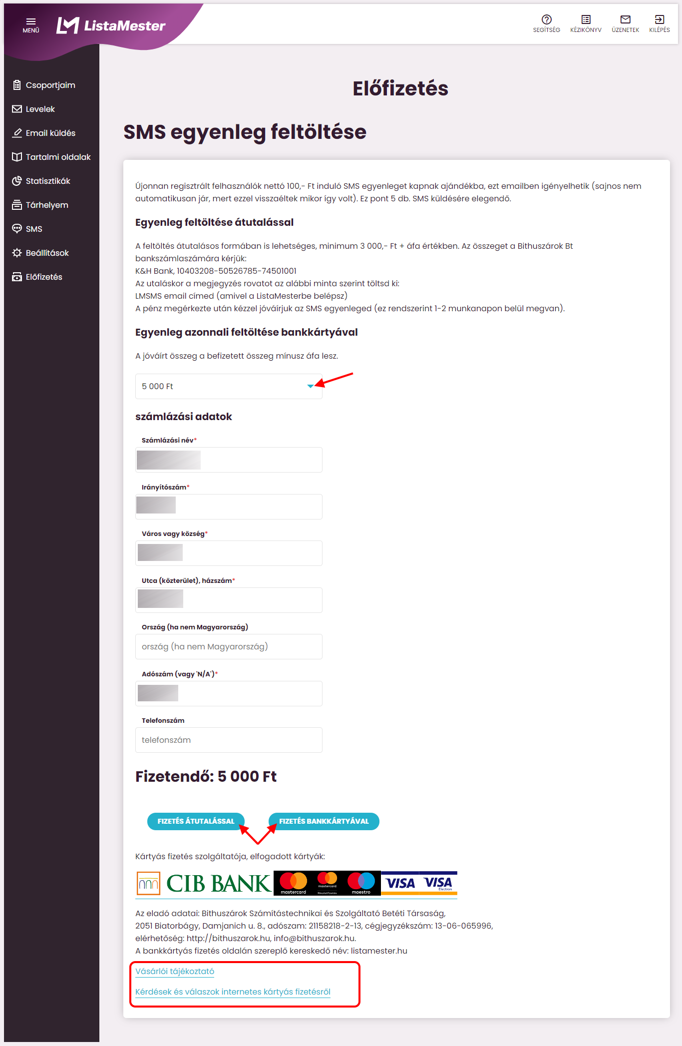 Listamester - Kézikönyv - SMS egyenleg feltöltése