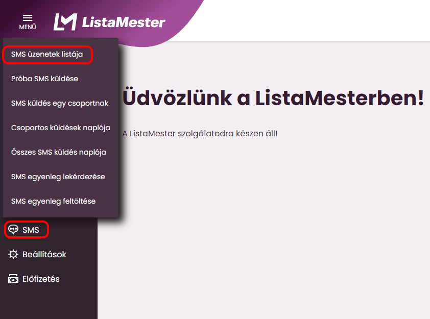 Listamester - Kézikönyv - SMS üzenetek listája