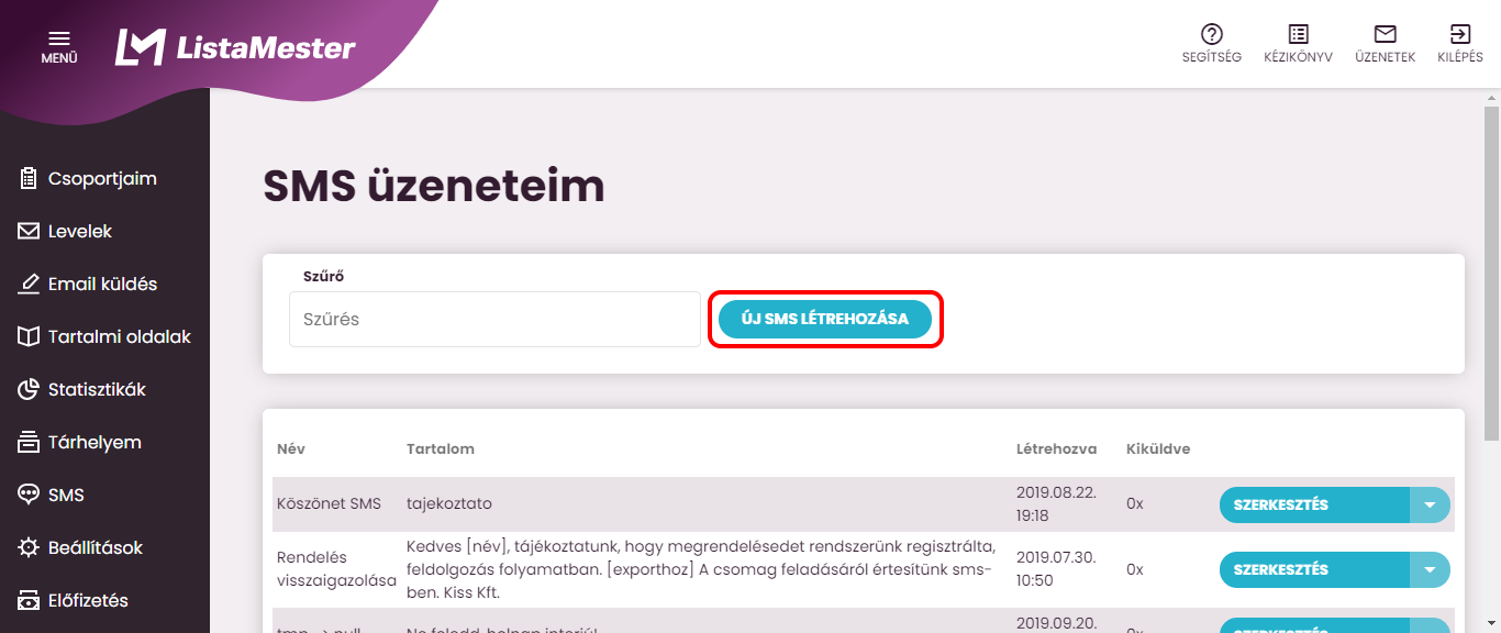 Listamester - Kézikönyv - Új sms létrehozása