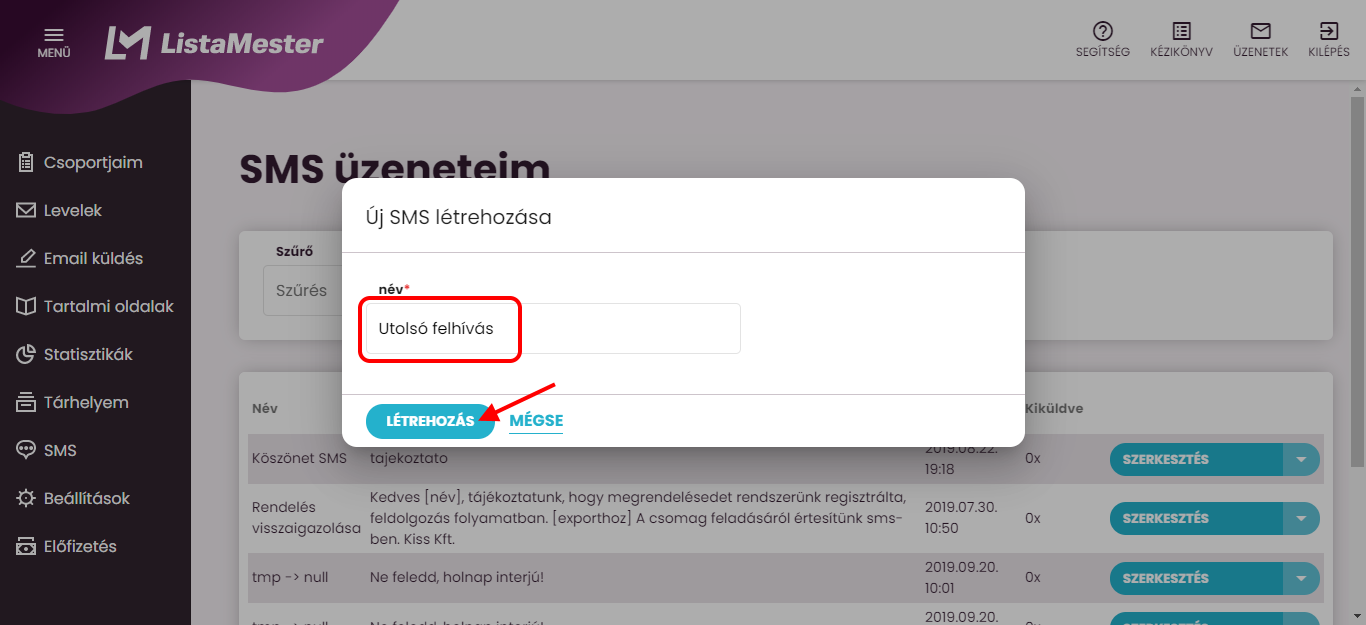 Listamester - Kézikönyv - SMS elnevezése