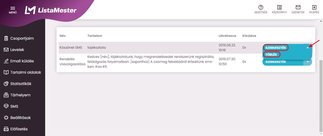Listamester - Kézikönyv - SMS szerkesztése / törlése