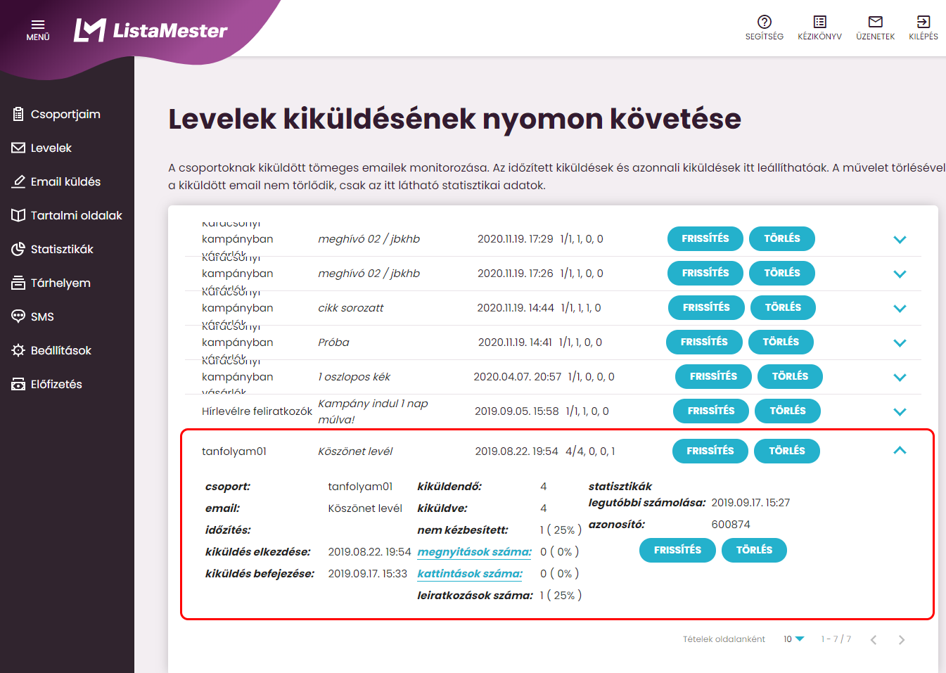 Listamester - Kézikönyv - Kiküldések nyomon követése