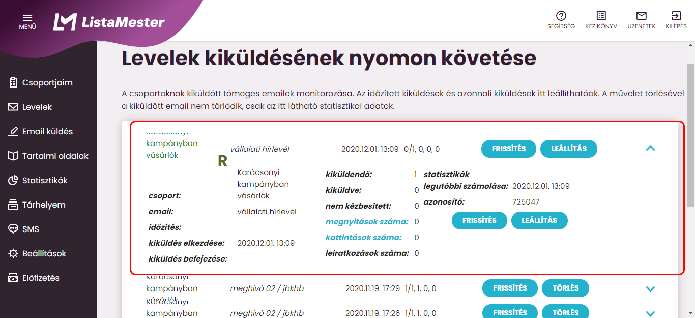 Listamester - Kézikönyv - Elküldött levelek nyomon követése