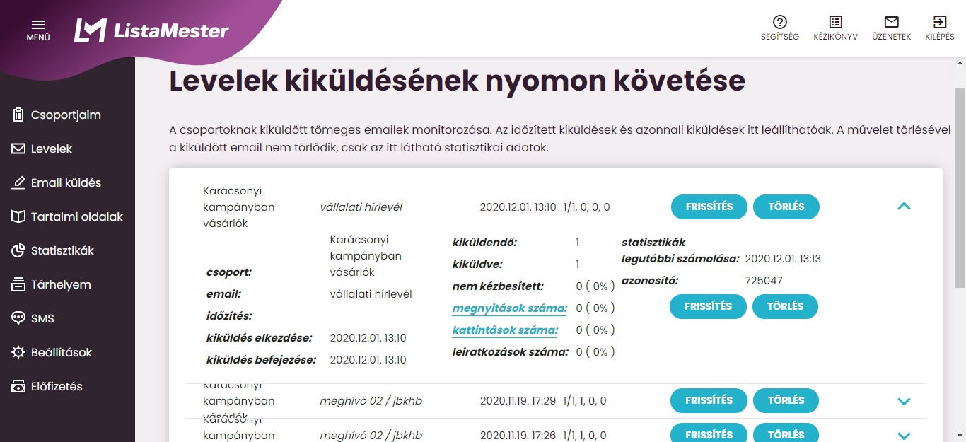 ​​​​​​Listamester - Kézikönyv - Kiküldések nyomon követése, email elküldve