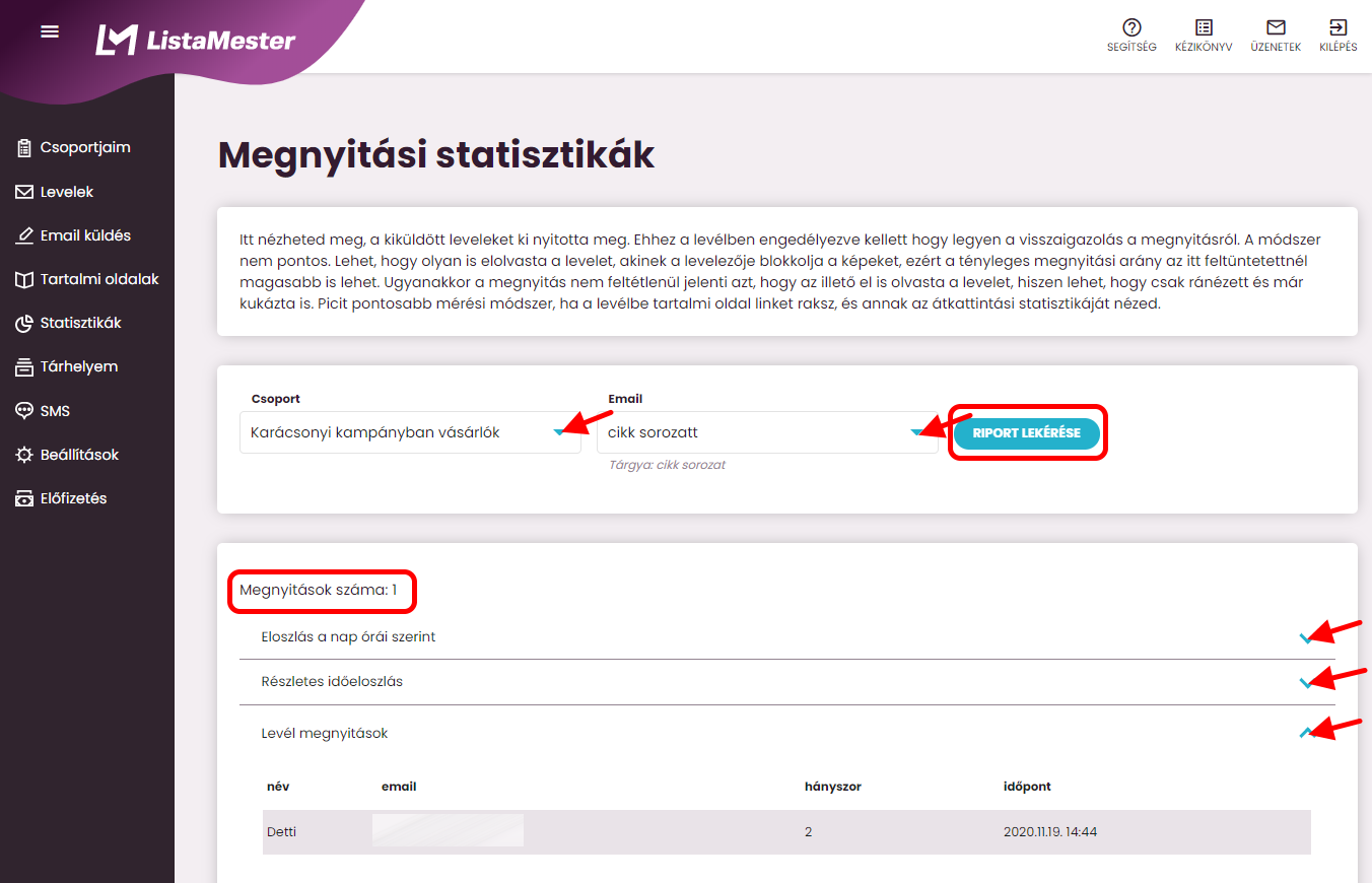  Listamester - Kézikönyv - statisztikák- megnyitási statisztikák