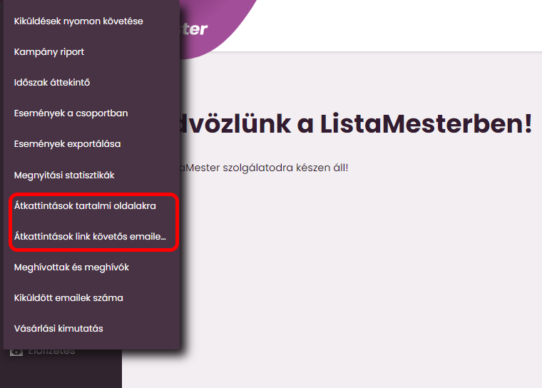 Listamester - Kézikönyv - statisztikák- átkattintási statisztikák