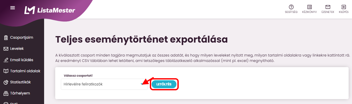   Listamester - Kézikönyv -statisztikák- statisztikák exportálása