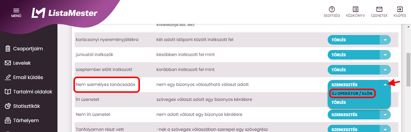 Listamester - kézikönyv - csoporttagok - szűrők - operátor hozzáadása